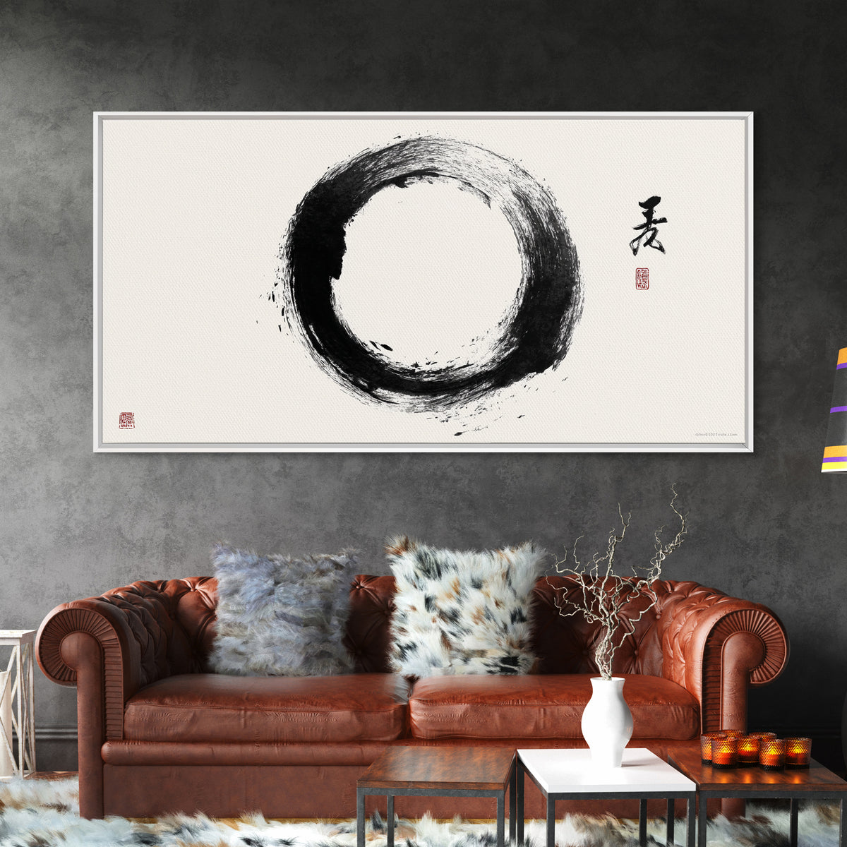 Peaceful Zen Black Ink Brush Painting Of Tree Branch Japanese Style Canvas Print Minimalist Wall Art Modern Decor