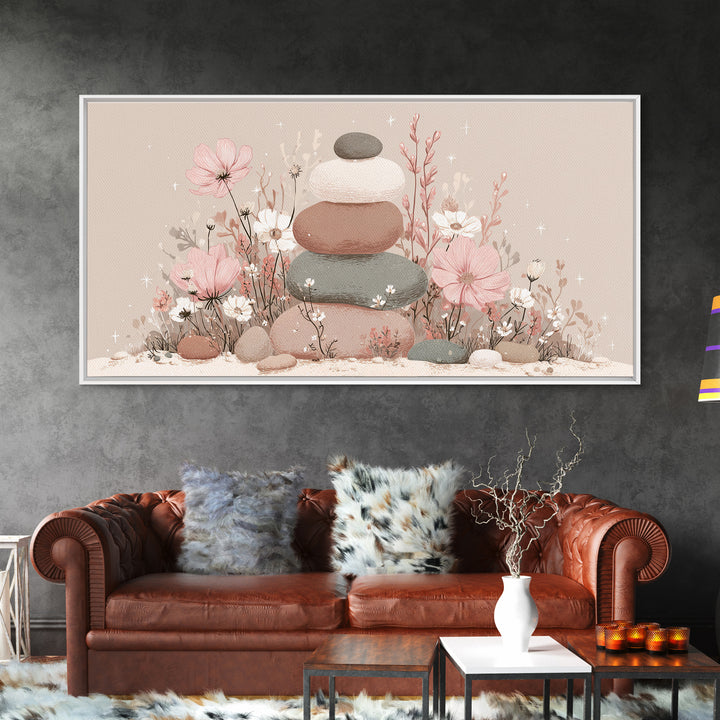 Stacked Zen Stones Wall Art, Pink Floral Spa Decor, Wabi Sabi Neutral Home Decor, Calming Bathroom Meditation Canvas Print