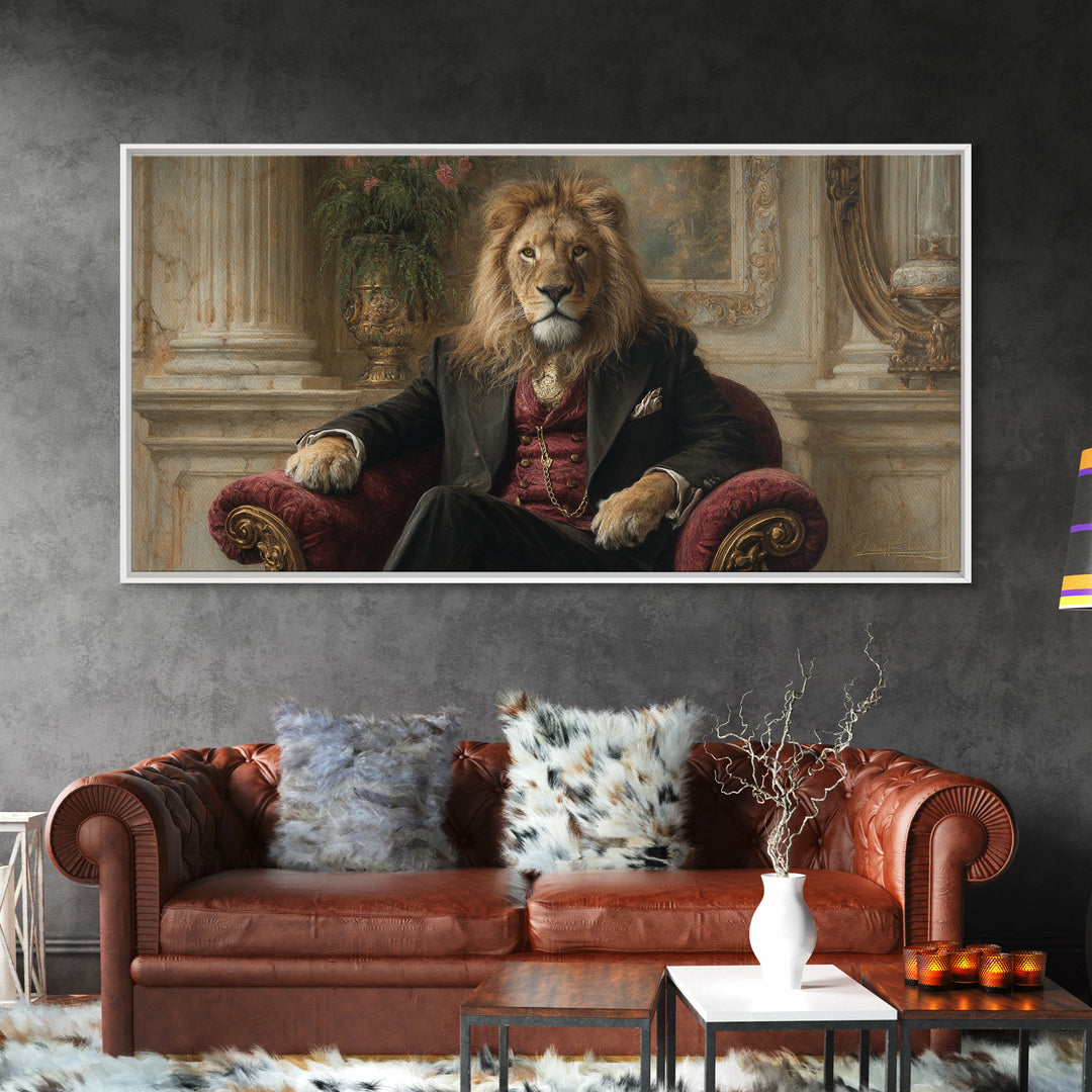 Regal Lion In Velvet Armchair Wall Art, Victorian Animal Portrait, Luxury Home Decor, Moody Living Room Art, Gift For Him