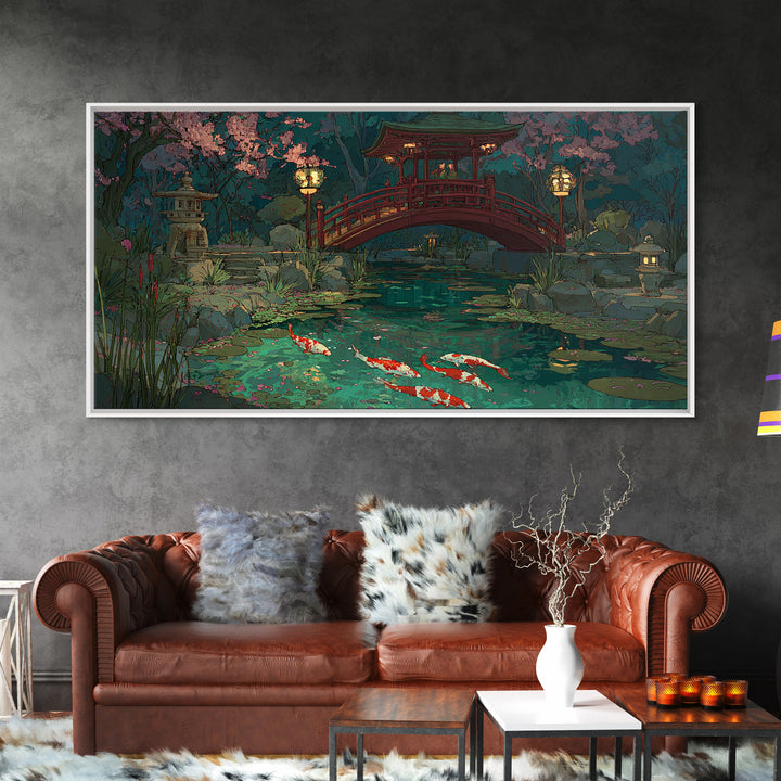 Peaceful Japanese Garden Pond With Koi Fish And Traditional Bridge Painting, Serene Wall Art, Framed Canvas Print For Zen Home Decor