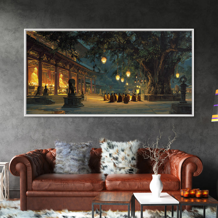 Serene Buddhist Monks Meditating Under Ancient Tree At Temple Warm Glowing Lights Wall Art Framed Canvas Print For Spiritual Home Decor
