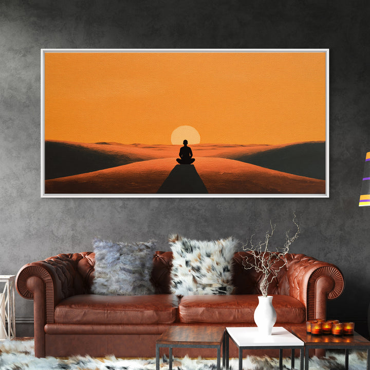 Meditative Silhouette On Warm Sunset Dunes Minimalist Wall Art Canvas Print For Relaxing Home Décor