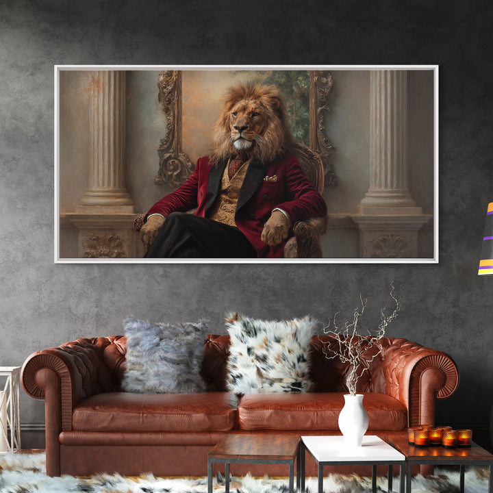 Lion King In Red Velvet Suit Canvas Print, Regal Animal Wall Art, Victorian Portrait, Masculine Office Decor, Gift For Him