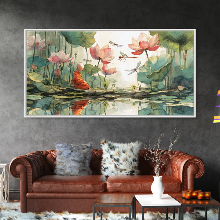 Serene Meditating Monk Among Lotus Flowers And Dragonflies Wall Art Beautiful Calm Nature Scene Framed Canvas Print