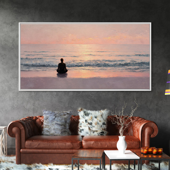 Serene Meditation Silhouette Beach Sunrise Wall Art Canvas Print For Relaxing Bedroom Decor Modern Wall Art