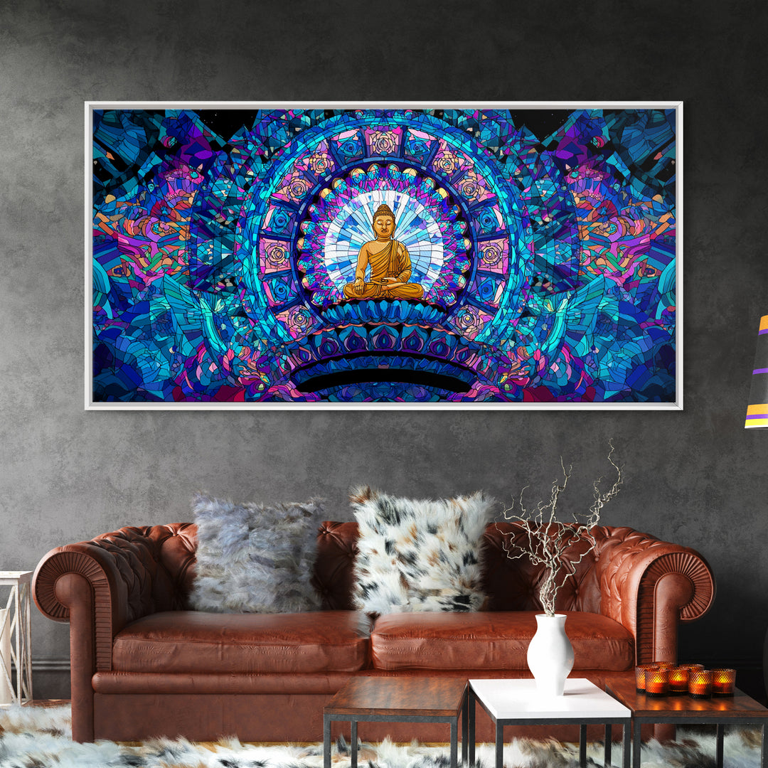 Stained Glass Style Blue Buddha Meditation Wall Art Framed Canvas Print For Spa Decor And Spiritual Home Decor