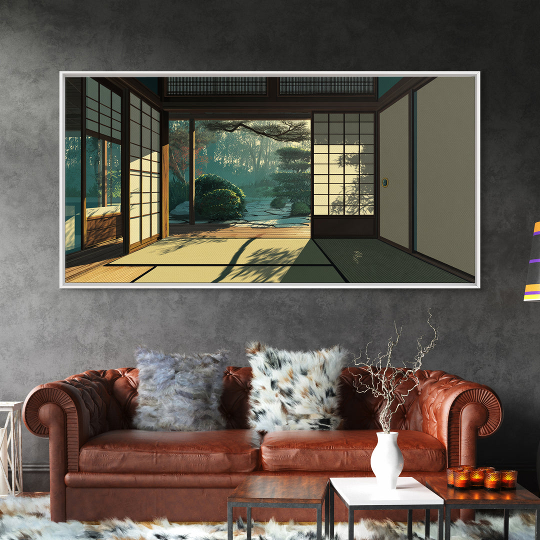 Sunlit Japanese Interior With Garden View Painting Canvas Print Minimalist Wall Art For Bedroom And Office
