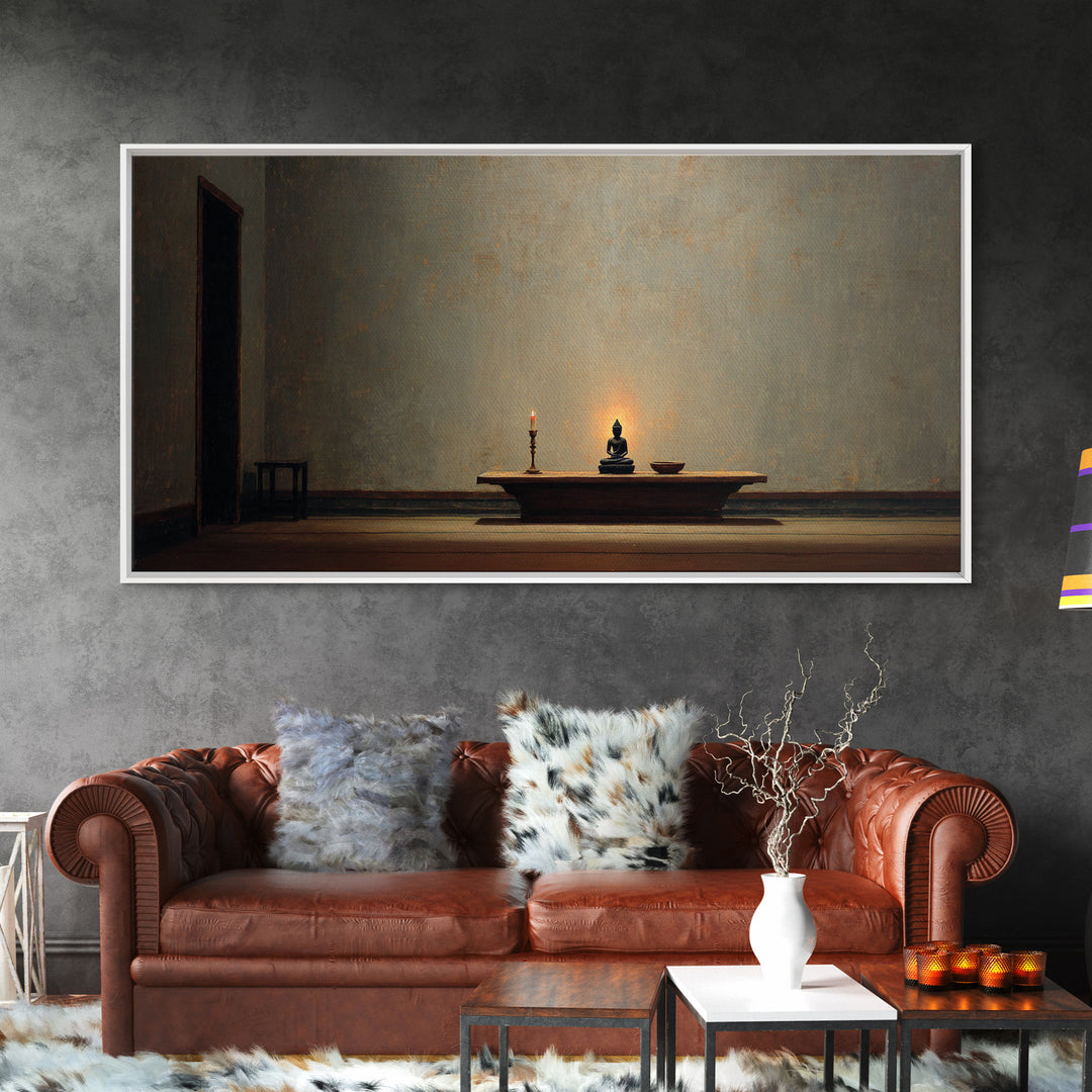 Minimalist Zen Home Decor Buddha Statue With Candle On Wooden Table Wall Art