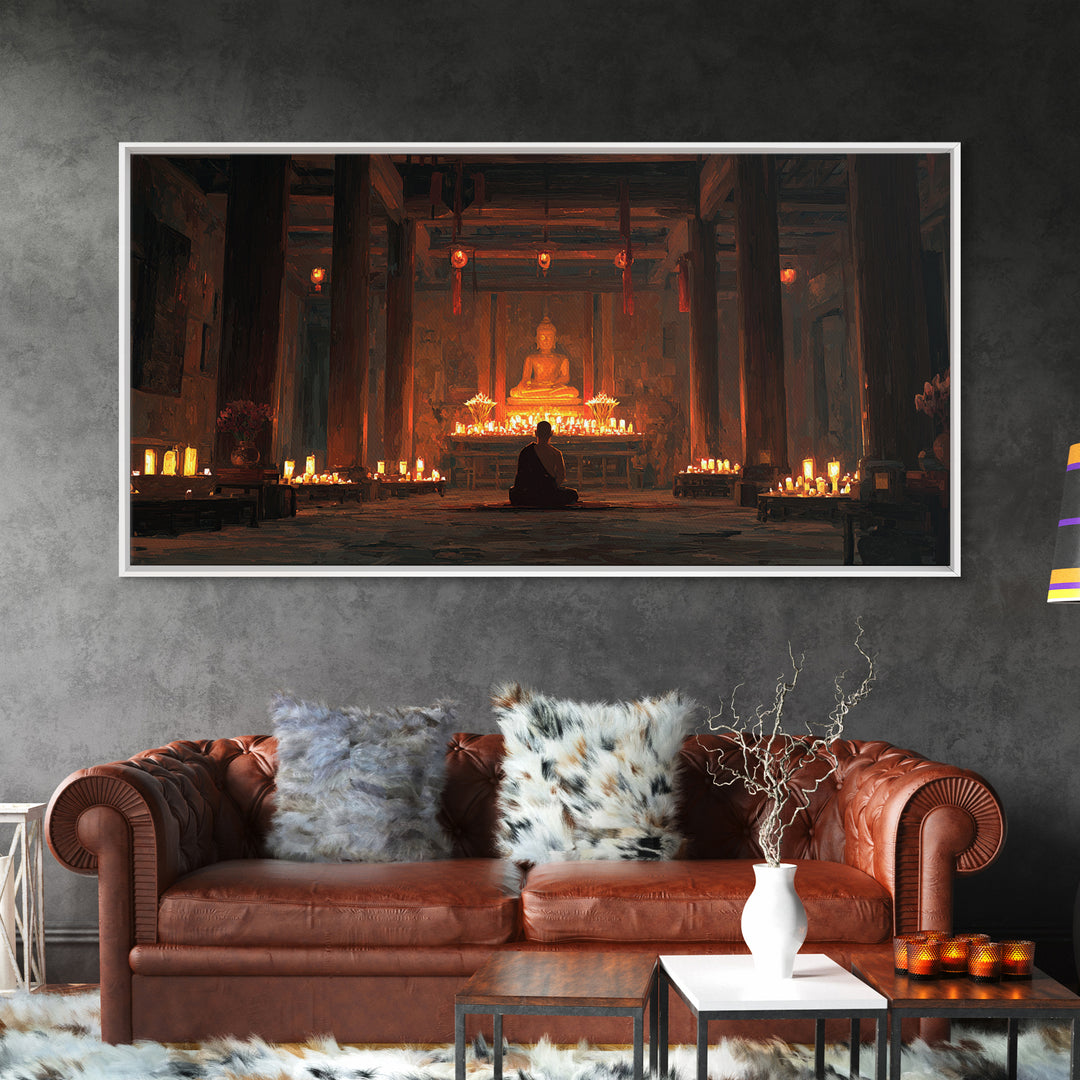 Serene Buddha Meditation In Candlelit Temple Painting Wall Art Home Spiritual Canvas Print Zen Decor