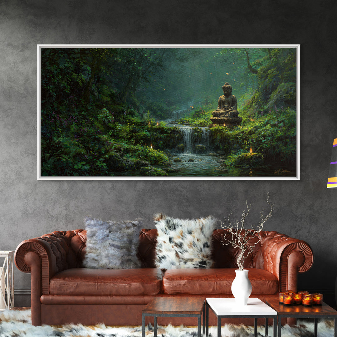 Serene Buddha Statue Waterfall Forest Scene Tranquil Landscape Wall Art Framed Canvas Print To Create Zen Home Decor Or Meditation Room
