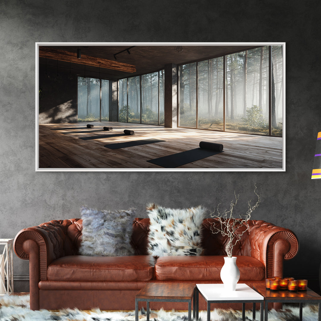 Peaceful Yoga Studio Interior With Forest View Wall Art Canvas Print Modern Office Decor Tranquil Space