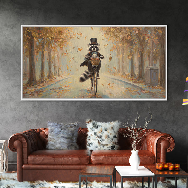 Whimsical Raccoon Riding Bicycle Canvas Print, Autumn Wall Art, Cute Animal Art, Kids Room Decor, Nursery Wall Art, Gift