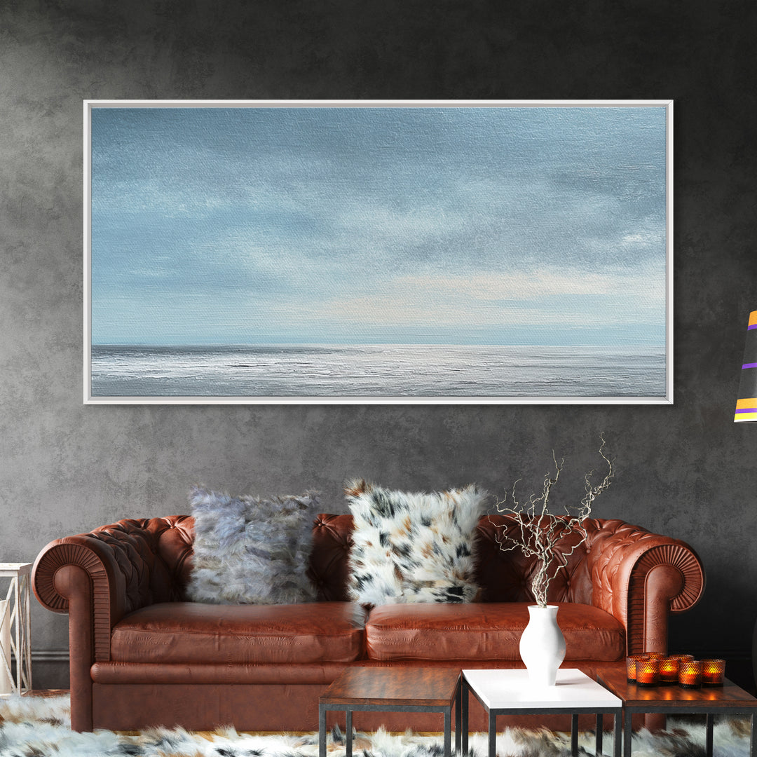 Tranquil Seascape Oil Painting With Soft Blue Sky And Ocean Horizon Peaceful Wall Art Canvas Print