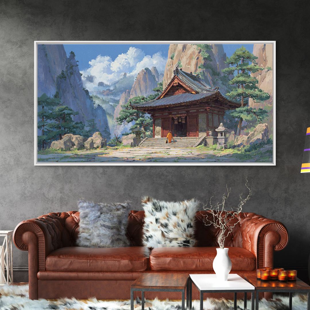 Peaceful Buddhist Temple Amid Mountains With Morning Mist Landscape Wall Art, Original Artwork Framed Canvas Print, Zen Decor