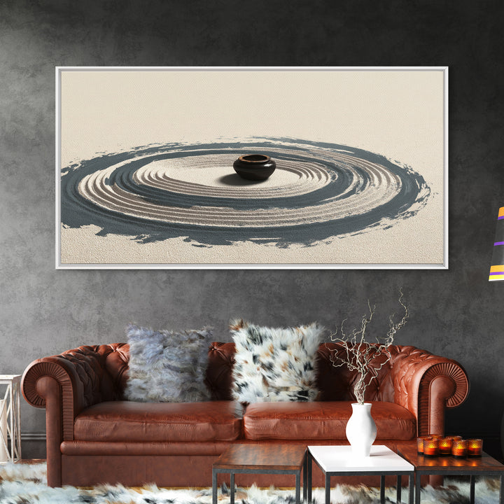 Zen Garden Sand Spiral With Ceramic Pot Minimalist Spiritual Wall Art For Meditation Room Decor Framed Canvas Print