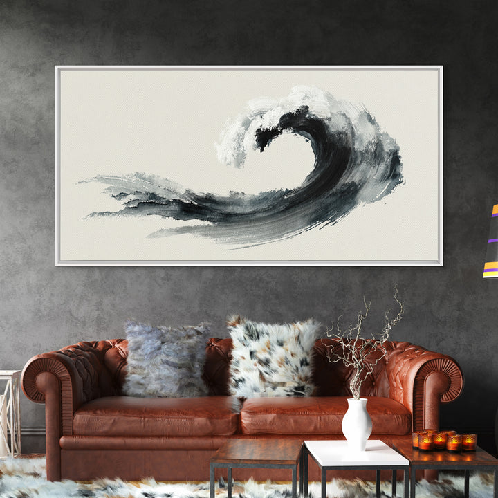 Japanese Ink Painting Black Wave Minimalist Brush Stroke Abstract Art Wall Art Framed Canvas Print For Modern Living Room Decor