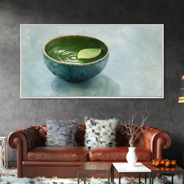 Minimalist Ceramic Bowl With Leaf Floating On Water Art Print For Zen Home Decor Framed Canvas Print
