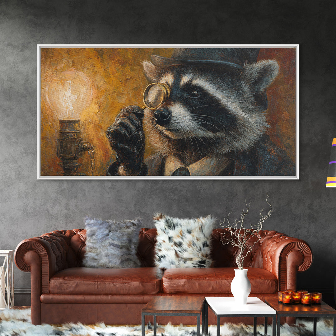 Raccoon Detective With Magnifying Glass Canvas Print, Whimsical Animal Wall Art, Steampunk Decor, Quirky Office Art, Gift