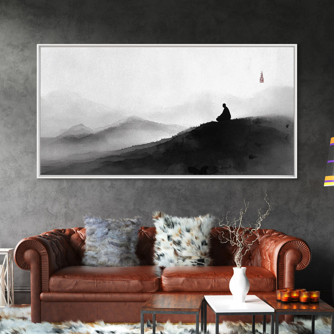 Peaceful Black And White Zen Mountain Meditation Wall Art Framed Canvas Print Spiritual Decor