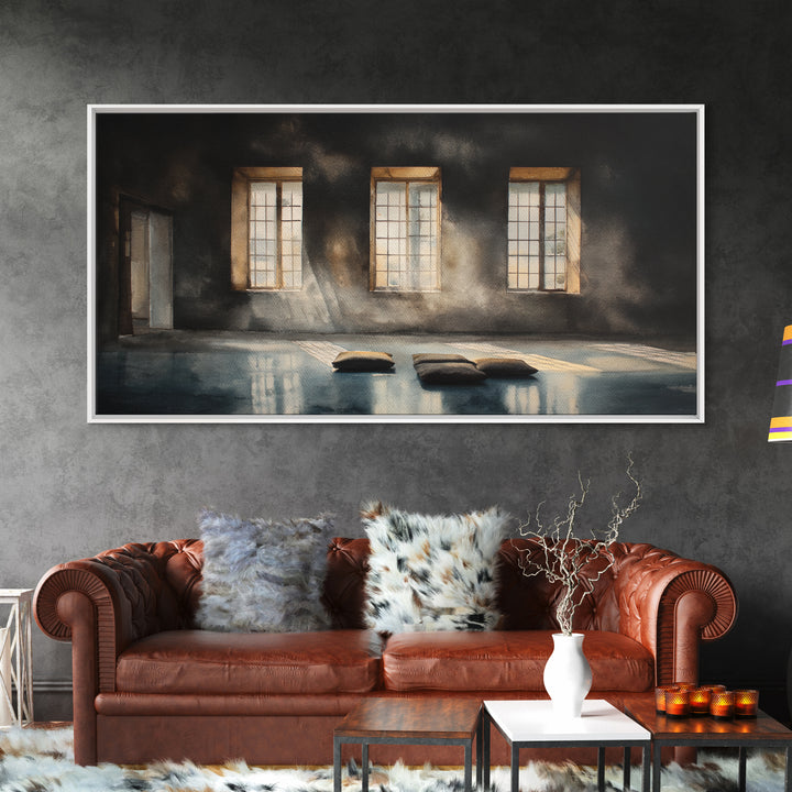 Sunlit Empty Room With Cushions And Large Windows Oil Painting Canvas Print Moody Wall Art For Minimalist Office Decor