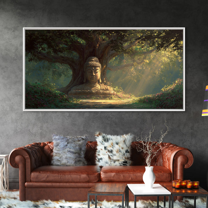 Serene Buddha Statue In Lush Forest Meditation Wall Art Framed Canvas Print For Zen Home Decor And Spiritual Wall Decor