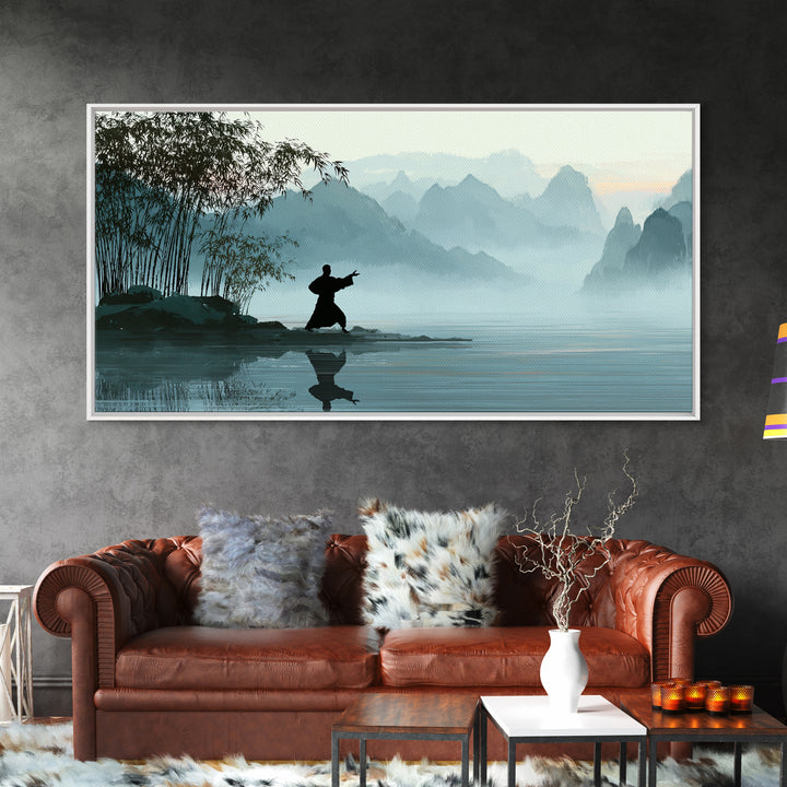 Serene Landscape With Taiji Practitioner By Water Misty Mountains Background Canvas Print Modern Wall Art Home Decor