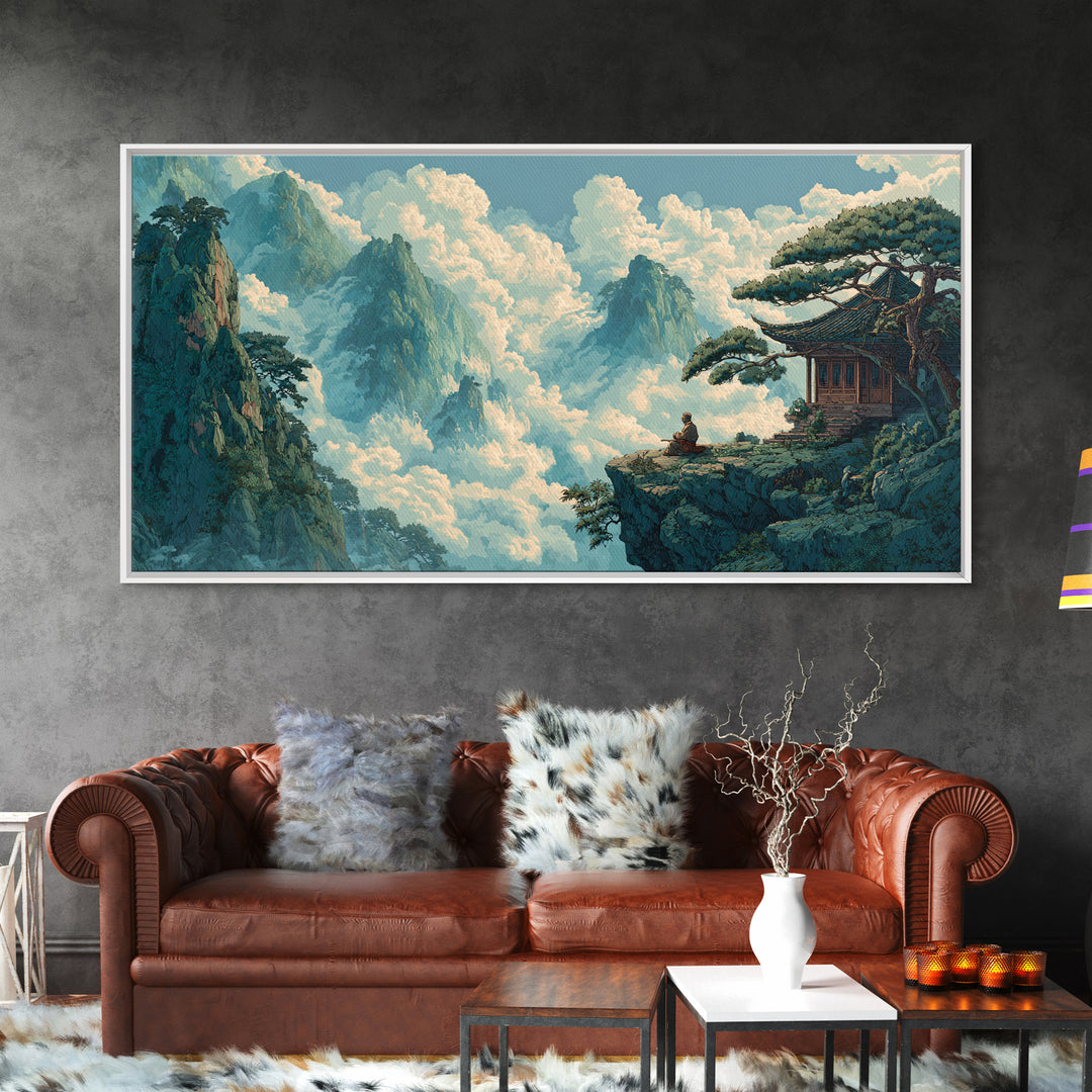 Serene Asian Landscape With Meditating Monk On Cliff Wall Art Modern Wall Decor Framed Canvas Print For Zen Living Room