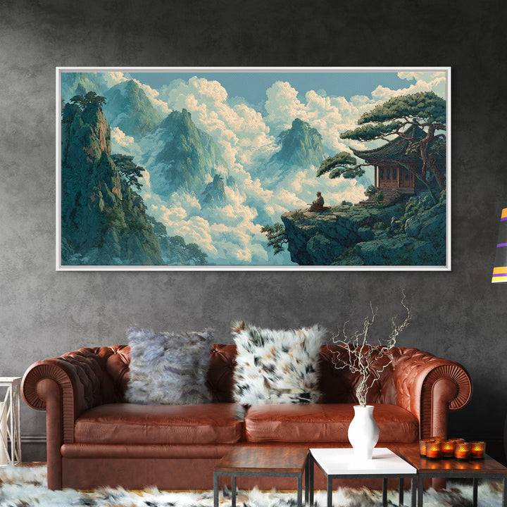Serene Asian Landscape With Meditating Monk On Cliff Wall Art Modern Wall Decor Framed Canvas Print For Zen Living Room