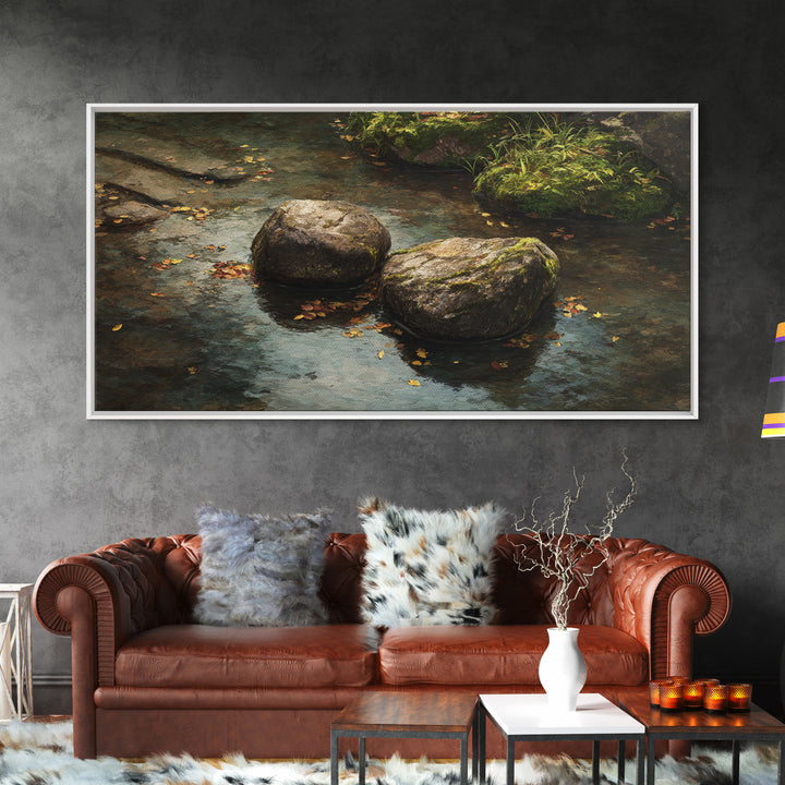 Close Up Nature Landscape Painting With Stream And Rocks Canvas Print Wall Art For Rustic Farmhouse Home Decor