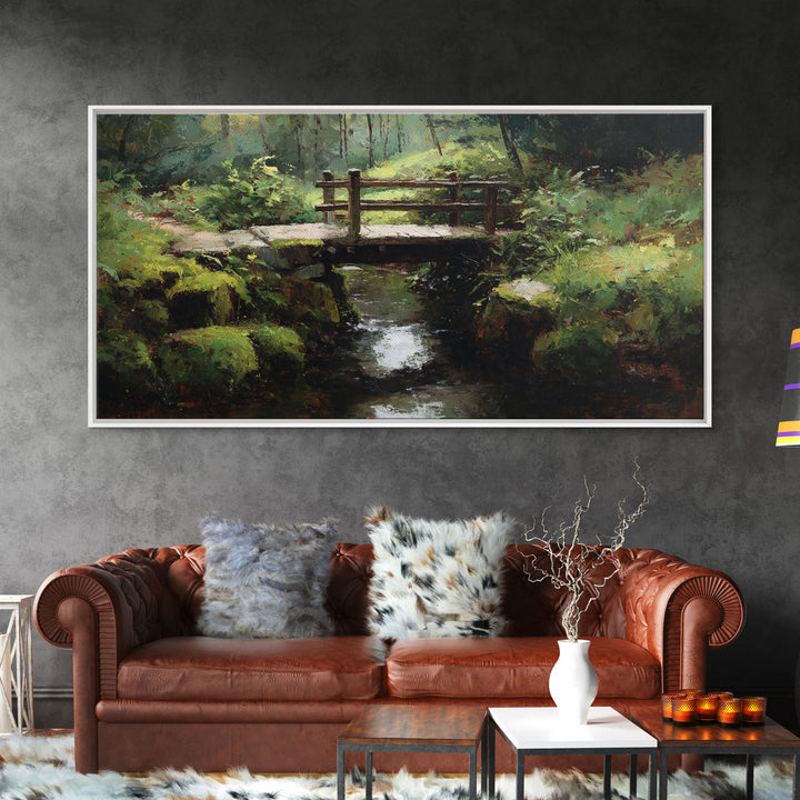 Nature Trail With Wooden Bridge Over Stream Forest Waterfall Landscape Painting Canvas Print Wall Art
