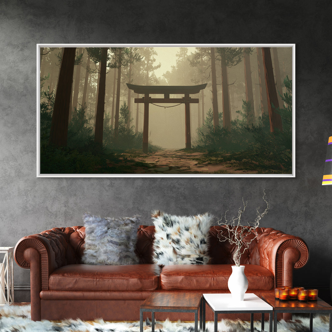Mystical Japanese Torii Gate In Foggy Forest Scenic Landscape Wall Art Framed Canvas Print For Zen Home Decor And Meditation Space