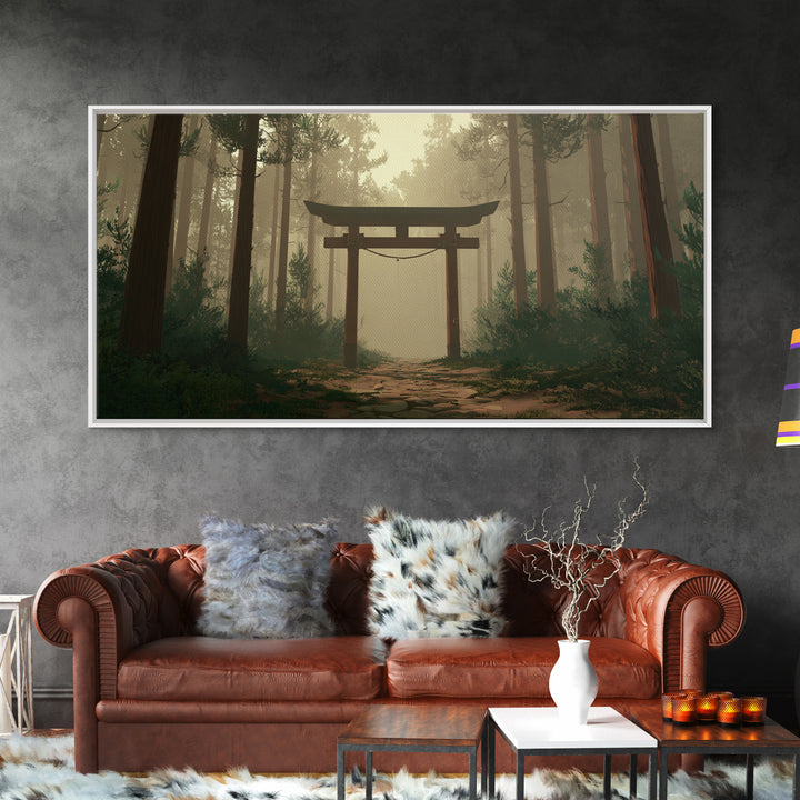 Mystical Japanese Torii Gate In Foggy Forest Scenic Landscape Wall Art Framed Canvas Print For Zen Home Decor And Meditation Space