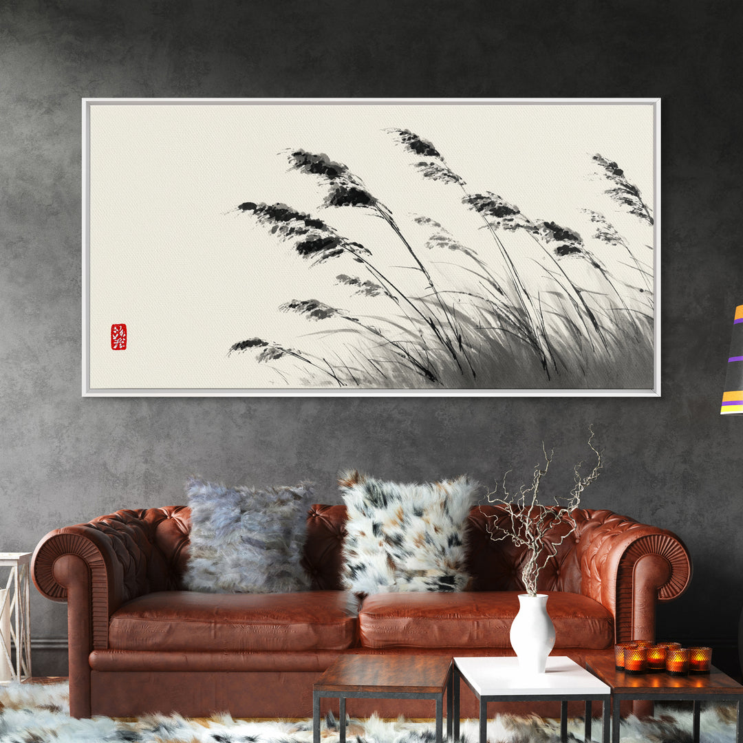 Elegant Monochrome Ink Brush Painting Of Swaying Grasses Minimalist Wall Art Canvas Print For Calm And Serene Home Decor