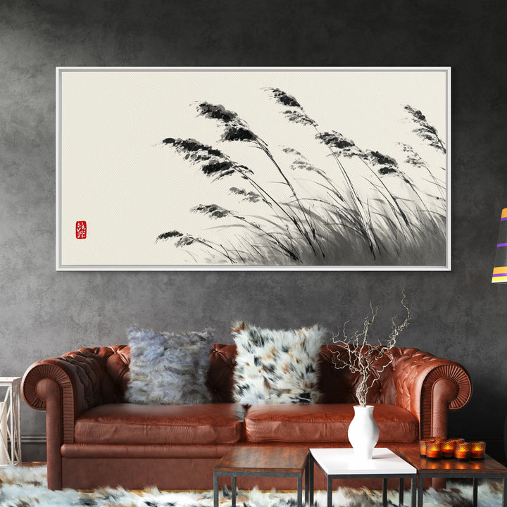 Elegant Monochrome Ink Brush Painting Of Swaying Grasses Minimalist Wall Art Canvas Print For Calm And Serene Home Decor
