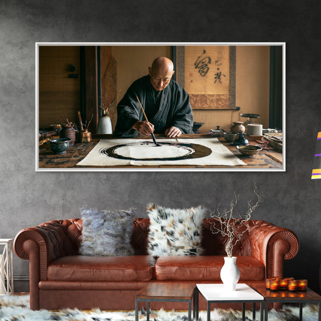 Traditional Japanese Zen Artist Painting Elegant Enso Circle Incalligraphy Studio Framed Canvas Print Wall Art