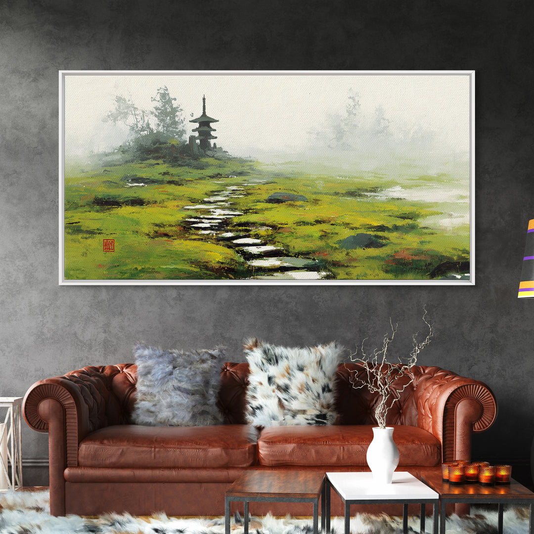 Peaceful Green Japanese Garden Landscape With Pagoda Foggy Morning Wall Art Fine Art Print Framed Canvas Print For Japanese Wall Decor