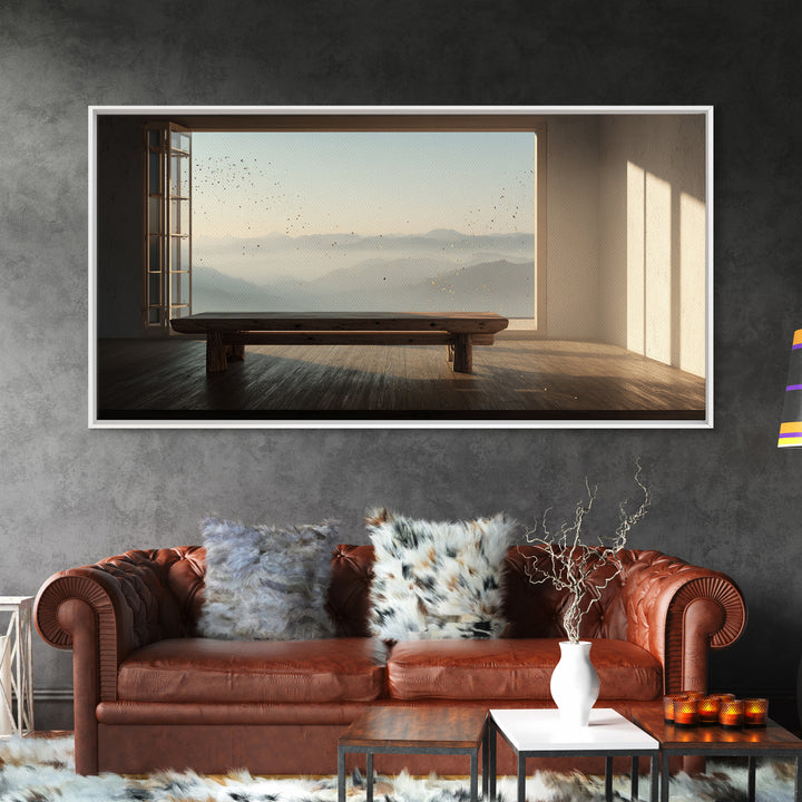 Serene Minimalist Room With Large Window Overlooking Mountain Landscape Zen Wall Art Canvas Print For Calm Living Room Decor Or Office Decoration