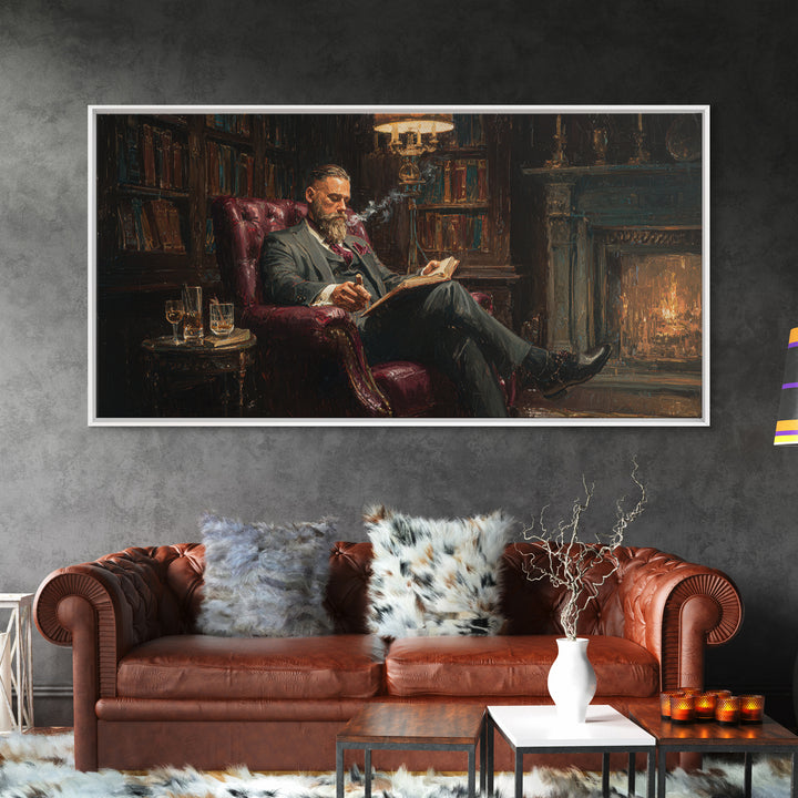 Bearded Man Reading By Fireplace Wall Art, Cozy Library Decor, Dark Academia Art, Book Lover Gift, Office Decor, Living Room Art