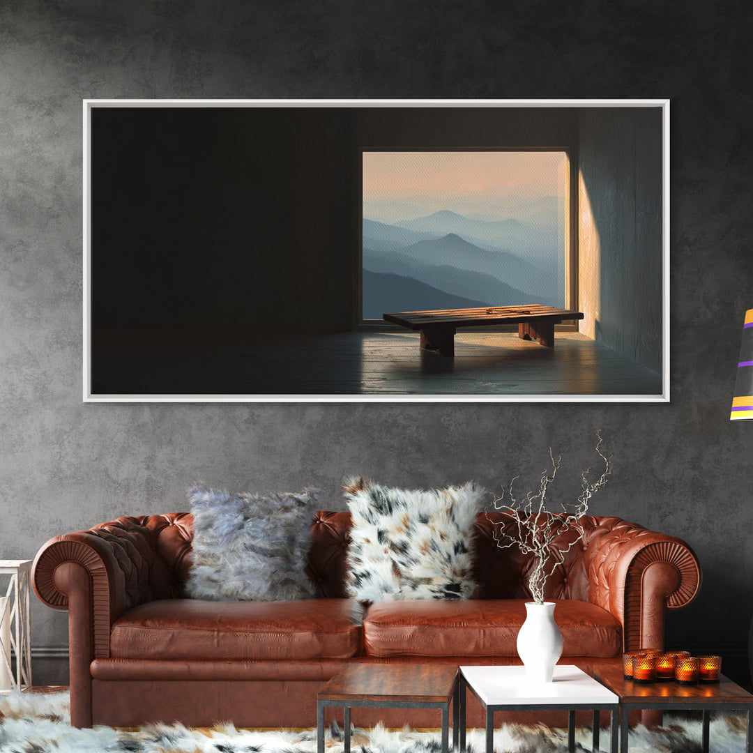 Serene Minimalist Interior With Mountain View Framed Canvas Print Home Decor Wall Art Living Room Decor Relaxing Art