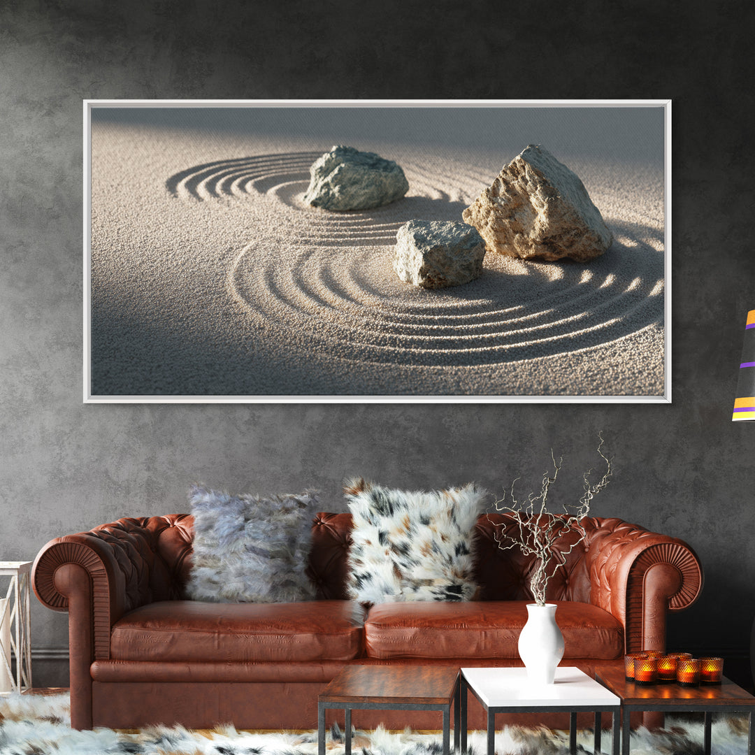 Zen Japanese Rock Garden With Sand And Stones Minimalist Wall Art Canvas Print For Calming Home Decor And Meditation Space