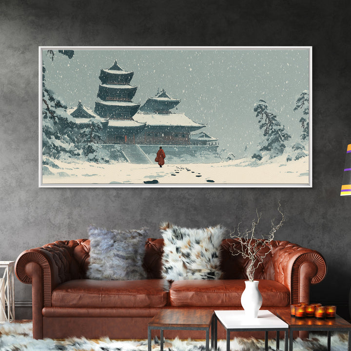 Snowy Temple Scene With Footprints In The Snow Winter Landscape Painting Framed Canvas Print
