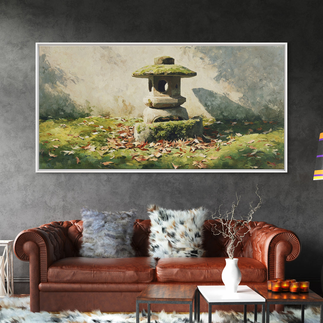 Classic Japanese Stone Lantern In Autumn Garden With Fallen Leaves Wall Art Traditional Asian Garden Canvas Print Framed