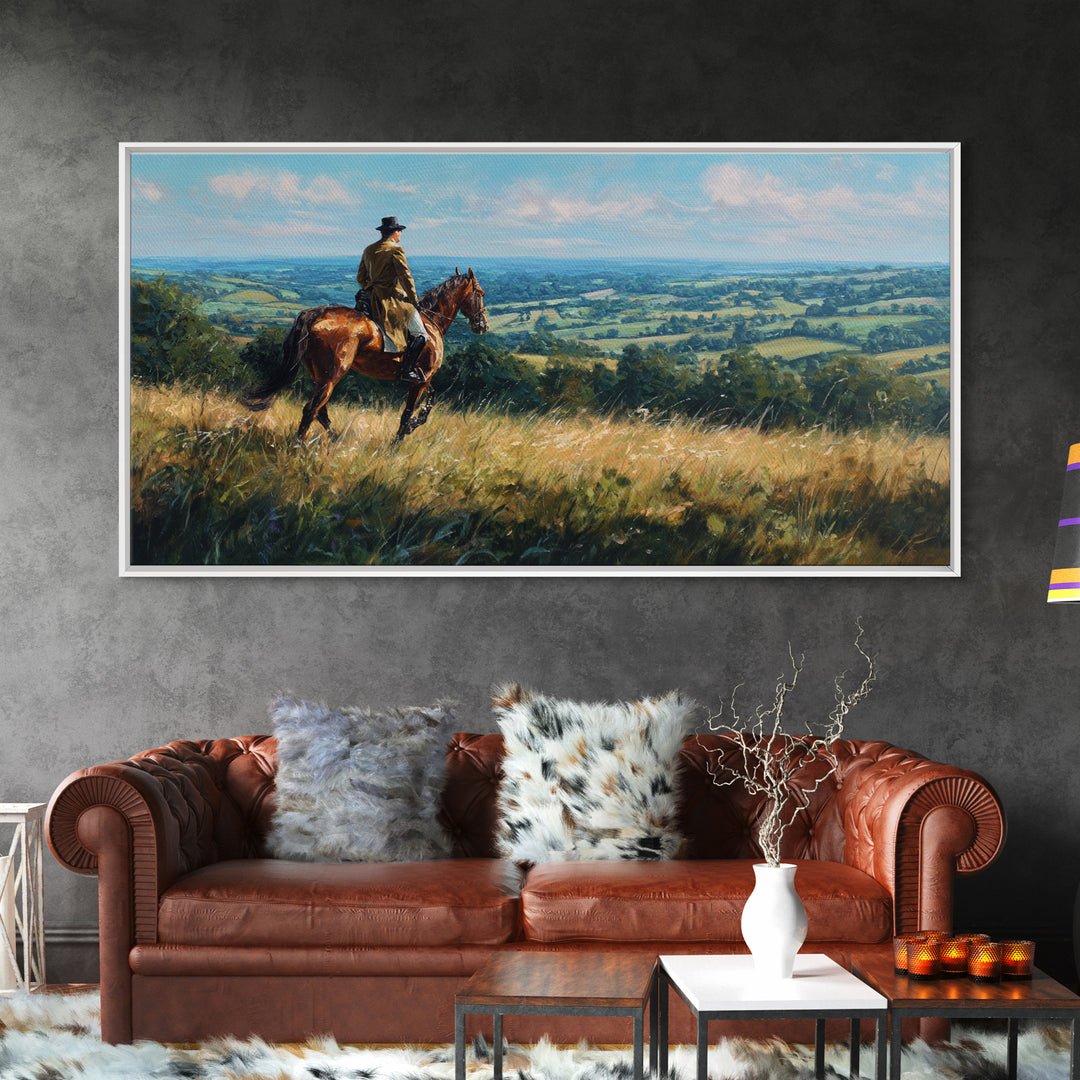Horse Rider Countryside Landscape Wall Art, Equestrian Canvas Print, Rustic Farmhouse Decor, Horse Lover Gift, Living Room Decor