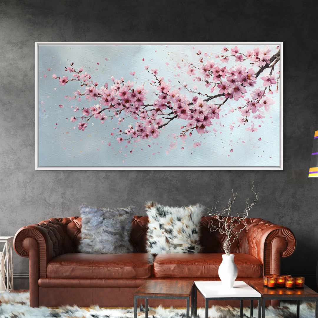 Pink Cherry Blossom Wall Art, Sakura Branch Painting, Japanese Botanical Decor, Spring Floral Living Room Bedroom Canvas Print
