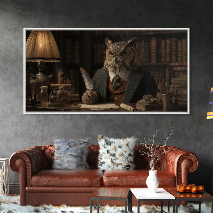 Scholar Owl In Antique Library Canvas Print, Whimsical Animal Wall Art, Dark Academia Decor, Book Lover Gift, Office Art