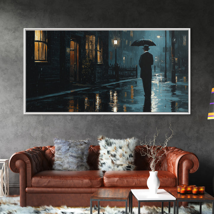 Rainy Noir City Street Wall Art, Blue Urban Night Canvas Print, Moody Office Decor, Dark Academia Living Room Print, Gift