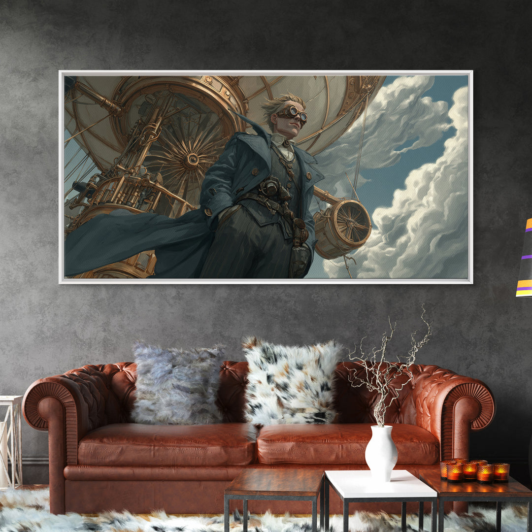Steampunk Aviator In Blue Coat Canvas Print, Fantasy Wall Art, Industrial Airship Decor, Dramatic Office Art Gift For Him
