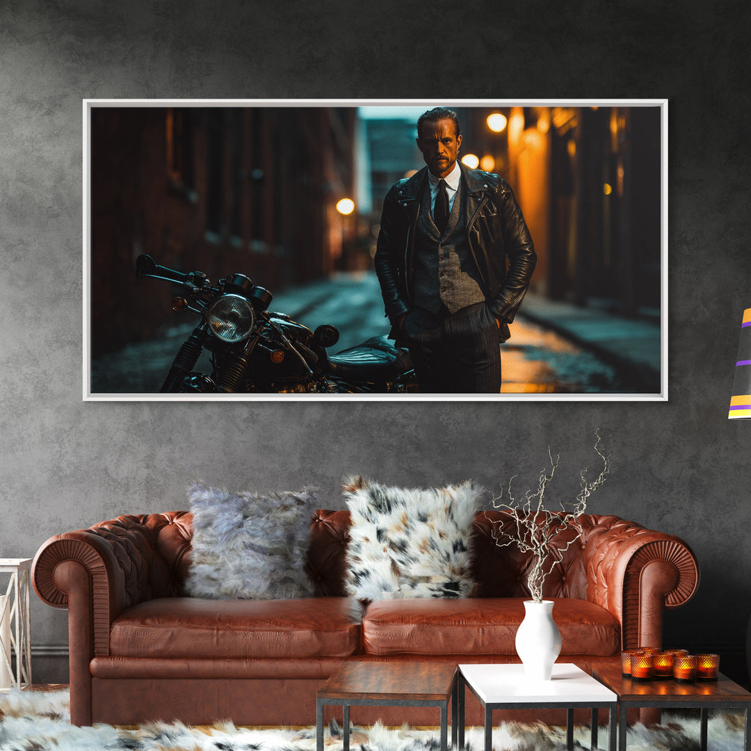 Moody Biker With Motorcycle In Rainy Alley Framed Canvas Print, Masculine Wall Art, Urban Wall Decor, Man Cave Gift For Him