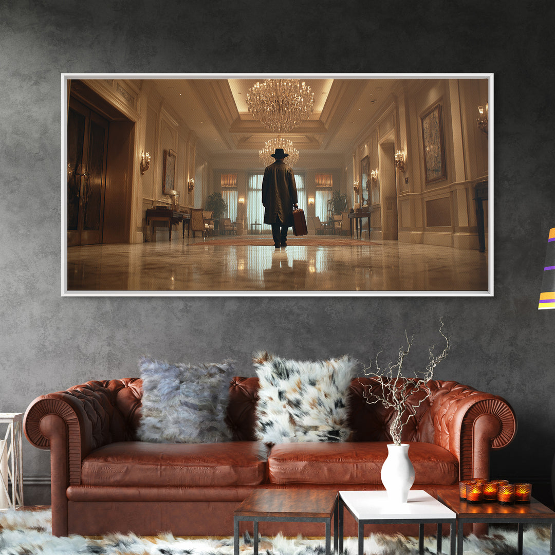 Mysterious Traveler In Luxury Hotel Lobby Canvas Print, Moody Wall Art, Dark Academia Decor, Grand Hallway Office Art Gift