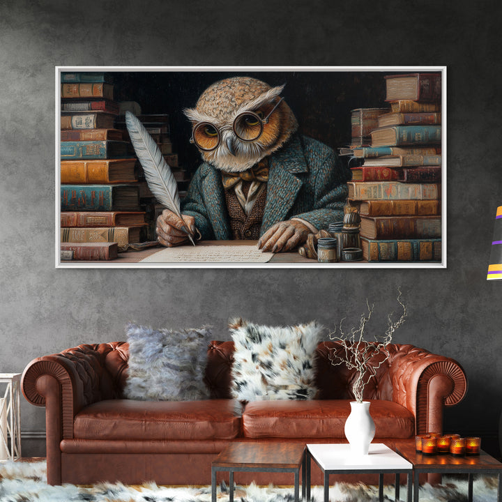 Scholarly Owl Writing Among Antique Books Framed Canvas Print, Whimsical Wall Art, Library Decor, Dark Academia, Bird Lover Gift
